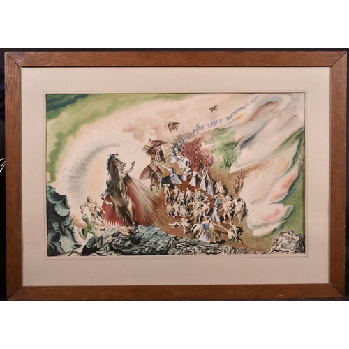 236 - Gilham (20th Century) British. Figures in a Surrealist Landscape with a Man on a Unicorn, Watercolou... 