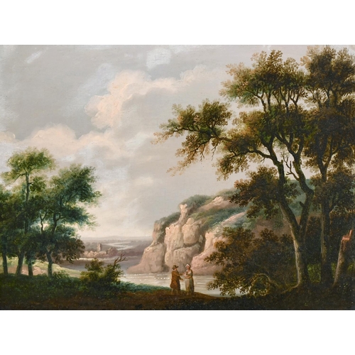 28 - 19th Century Irish School. A Gentleman Standing in a River Landscape with a City beyond, Oil on Pane... 