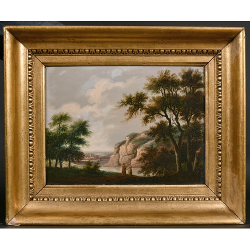 28 - 19th Century Irish School. A Gentleman Standing in a River Landscape with a City beyond, Oil on Pane... 