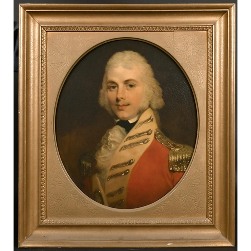 34 - Early 19th Century English School. Bust Portrait of an Officer, Oil on Canvas, Painted Oval, 23” x 2... 