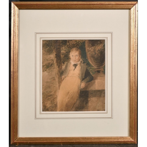 53 - Early 19th Century English School. “Boy Leaning against an Urn”, Watercolour, Signed with Initials ‘... 