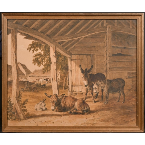 55 - Robert Hills (1769-1844) British. A Farmyard with Donkeys in a Stable, Watercolour, Signed and Dated... 