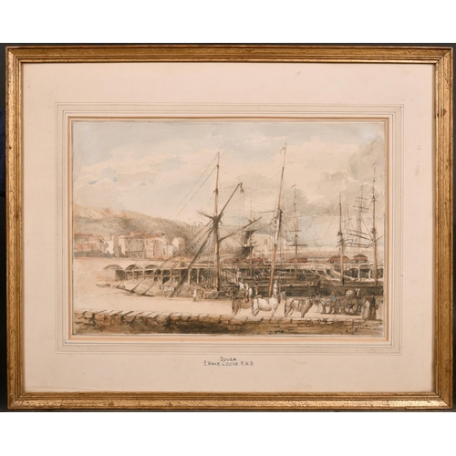 65 - Ebenezer Wake Cooke (1843-1926) British. “Dover”, Figures Unloading Boats in a Dock, Watercolour, In... 