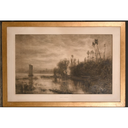 72 - Ernest Albert Waterlow (1850-1919) British. A River Landscape, Charcoal, Signed and Dated 1874, 23.5... 