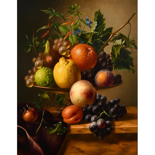 243 - Hendrik Reekers (1815-1854) Dutch. Still Life of Fruit on a Silver Tazza on a Marble Ledge, Oil on P... 