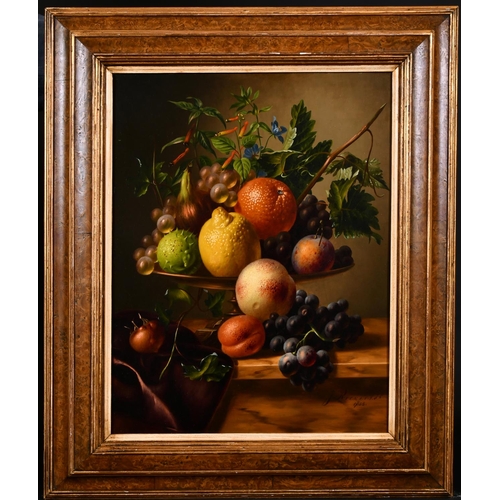 243 - Hendrik Reekers (1815-1854) Dutch. Still Life of Fruit on a Silver Tazza on a Marble Ledge, Oil on P... 