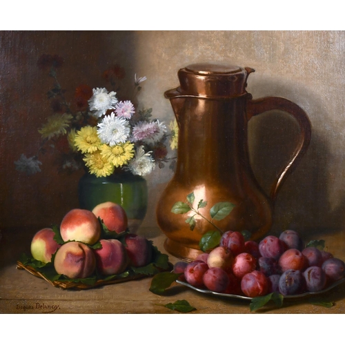 244 - Jacques Delanoy (1820-1890) French. Still Life of Flowers in a Green Vase, Peaches and Plums and a C... 