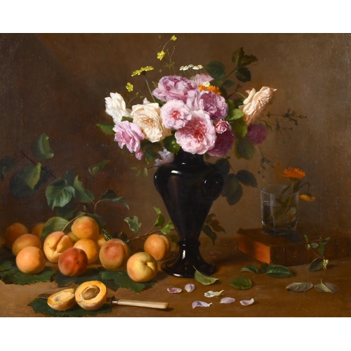 244 - Jacques Delanoy (1820-1890) French. Still Life of Flowers in a Green Vase, Peaches and Plums and a C... 