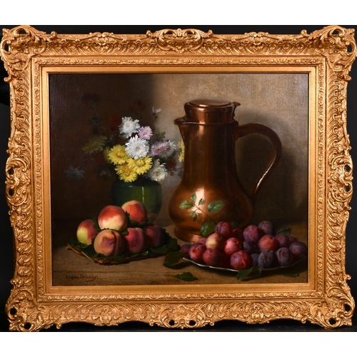 244 - Jacques Delanoy (1820-1890) French. Still Life of Flowers in a Green Vase, Peaches and Plums and a C... 