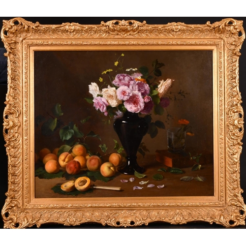 244 - Jacques Delanoy (1820-1890) French. Still Life of Flowers in a Green Vase, Peaches and Plums and a C... 