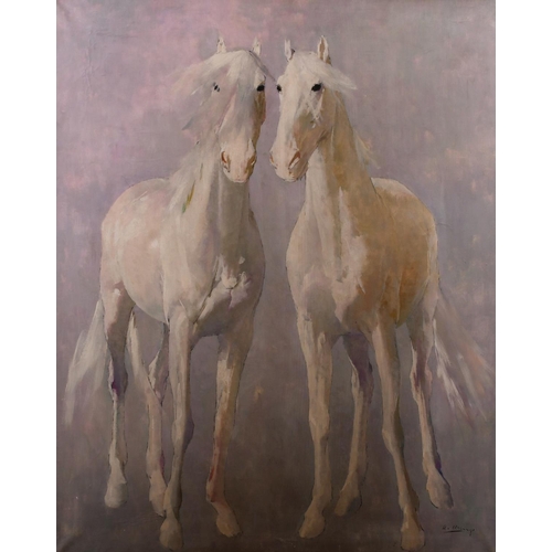 245 - Ricardo Arenys (1914-1977) Spanish. ‘White Stallions’, Oil on Canvas, Signed, 36” x 28.5” (91.5 x 72... 