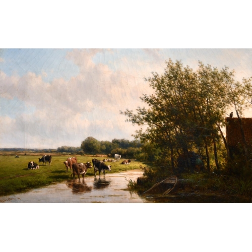 253 - Willem Vester (1824-1895) Dutch. A River Landscape with Cattle and a Figure by Farm Buildings, Oil o... 