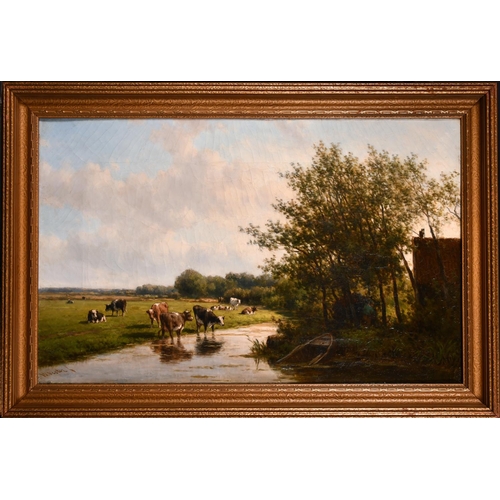 253 - Willem Vester (1824-1895) Dutch. A River Landscape with Cattle and a Figure by Farm Buildings, Oil o... 