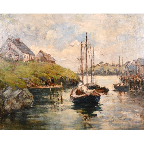 281 - Early 20th Century English School. A River Scene with Moored Boats, Oil on Board, 24” x 30” (61 x 76... 