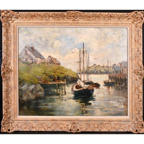 281 - Early 20th Century English School. A River Scene with Moored Boats, Oil on Board, 24” x 30” (61 x 76... 