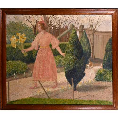 282 - Mary Irene Hailwood (1908-1983) British. “Spring”, A Young Lady Holding Daffodils with her Dog”, Oil... 