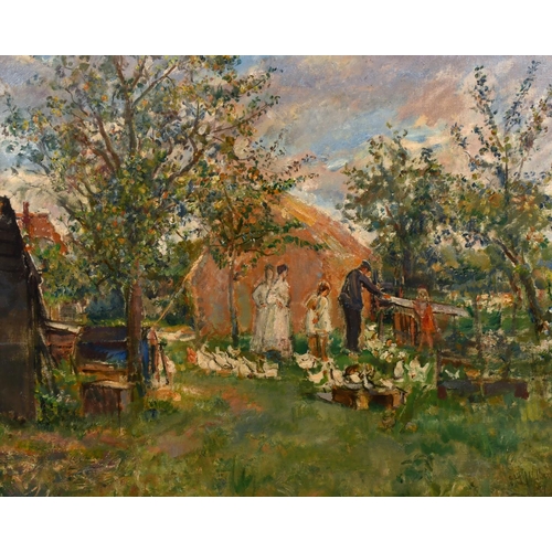 283 - Ethel Walker (1861-1951) British. A Farm Scene, with Figures and Chickens Oil on Canvas, Signed and ... 