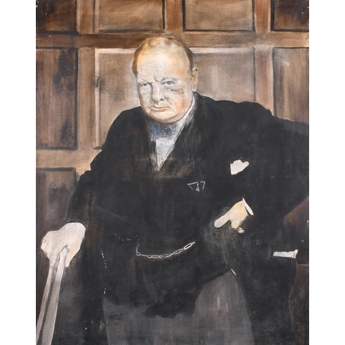 284 - 20th Century English School. A Portrait of Churchill, Oil on Canvas, Unframed, 40.25” x 32” (102.3 x... 