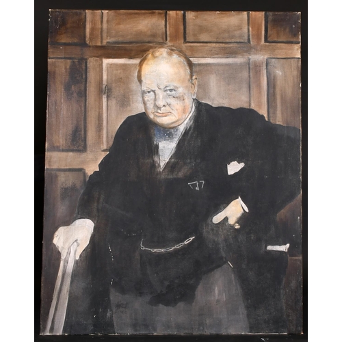 284 - 20th Century English School. A Portrait of Churchill, Oil on Canvas, Unframed, 40.25” x 32” (102.3 x... 