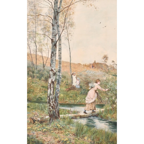 115 - Ernest Albert Waterlow (1850-1919) British. A Young Girl crossing a Stream, Watercolour, Signed and ... 