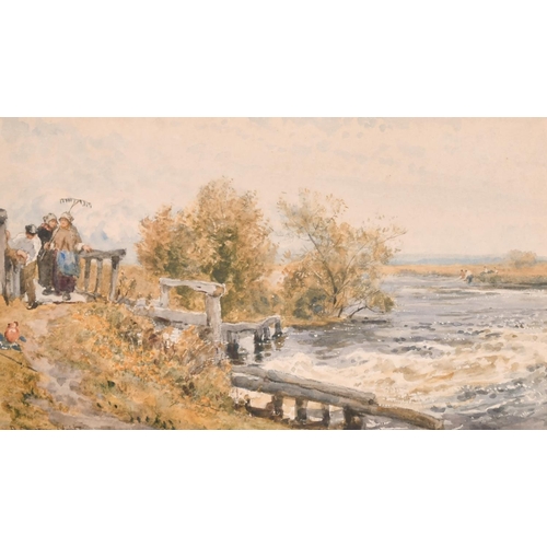 116 - Robert Thorn Waite (1842-1935) British. A River Landscape with Farmworkers on the Bank, Watercolour,... 