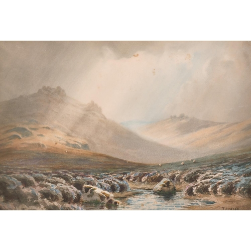 120 - J. Benson (19th - 20th Century) British. Sheep in a Stormy Landscape, Watercolour, Signed, 11.25” x ... 