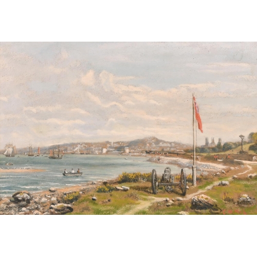 132 - George William Mote (1832-1909) British. “A View of Carnarvon from the Menai Straits”, Oil on Board,... 