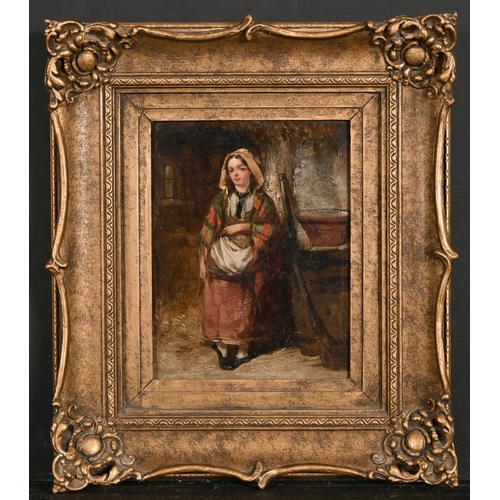 138 - 19th Century English School. Study of a Young Girl standing in a Barn, Oil on Board, 8.25” x 6.5” (2... 