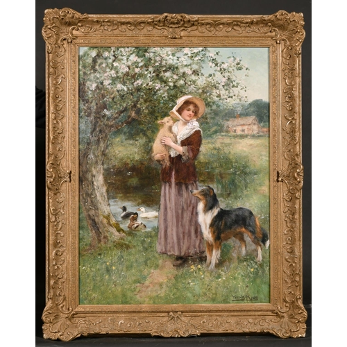 141 - Henry John Yeend King (1855-1924) British. A Young Girl holding a Lamb with a Collie Dog at her Feet... 