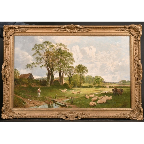 143 - Charles Collins (1851-1921) British. A River Landscape with Sheep, and a Mother and Child by a Strea... 