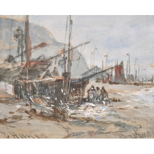 150 - Edwin Hayes (1819-1904) British. “Hastings”, a Beach Scene with Figures and Boats, Watercolour, Sign... 