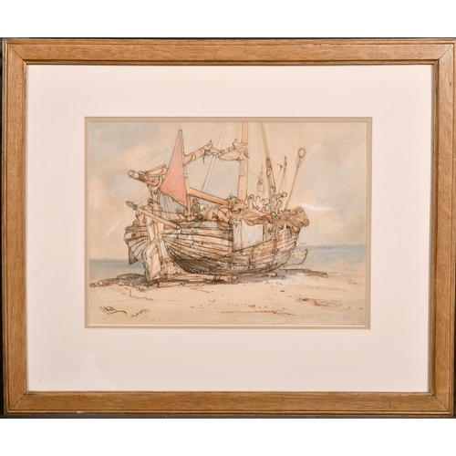 153 - James Webb (c.1825-1895) British. A Beached Fishing Boat, Watercolour, Pen and Ink, Signed and Dated... 