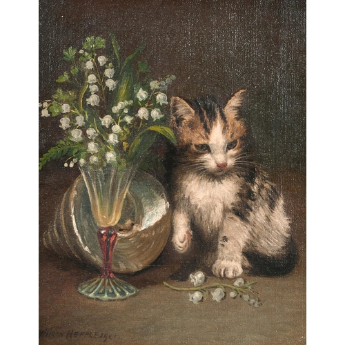 168 - Wilson Hepple (1854-1937) British. Study of a Kitten with a Shell and Vase of Lily of the Valley, Oi... 