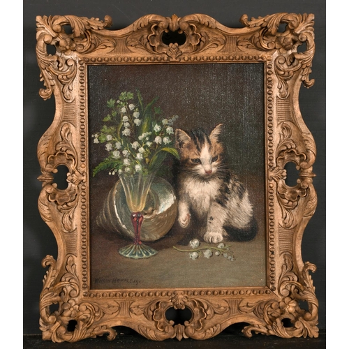 168 - Wilson Hepple (1854-1937) British. Study of a Kitten with a Shell and Vase of Lily of the Valley, Oi... 