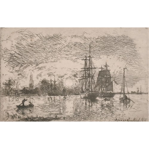 222 - Johan-Barthold Jongkind (1819-1891) Dutch. “Soleil Couchant, Port d’Anvers”, Etching, 6” x 9.25” (15... 