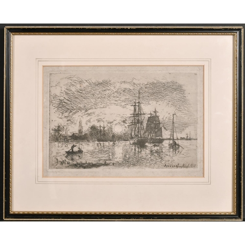 222 - Johan-Barthold Jongkind (1819-1891) Dutch. “Soleil Couchant, Port d’Anvers”, Etching, 6” x 9.25” (15... 