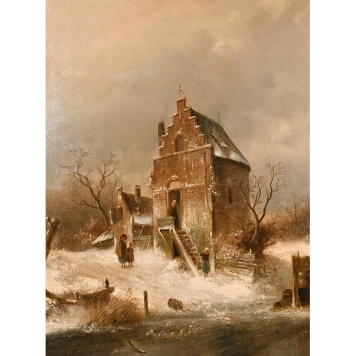 247 - Charles Henri Joseph Leickert (1816-1907) Dutch. A Frozen Winter Dutch Landscape, with a House and W... 