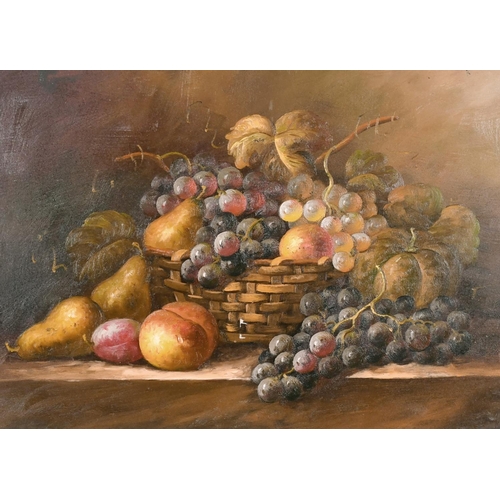 253 - 20th Century European School. Still Life of Fruit in a Wicker Basket, Oil on Panel, 12” x 16” (30.5 ... 