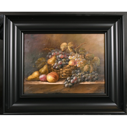 253 - 20th Century European School. Still Life of Fruit in a Wicker Basket, Oil on Panel, 12” x 16” (30.5 ... 