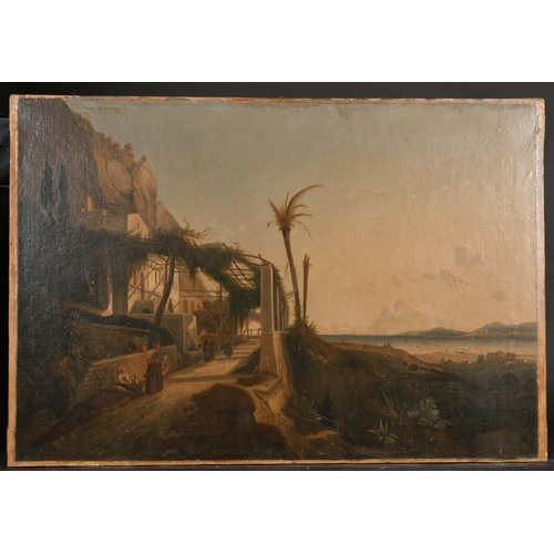 255 - 19th Century Italian School. A Coastal Scene with a Mother and Child with Monks on a Path, Oil on Ca... 