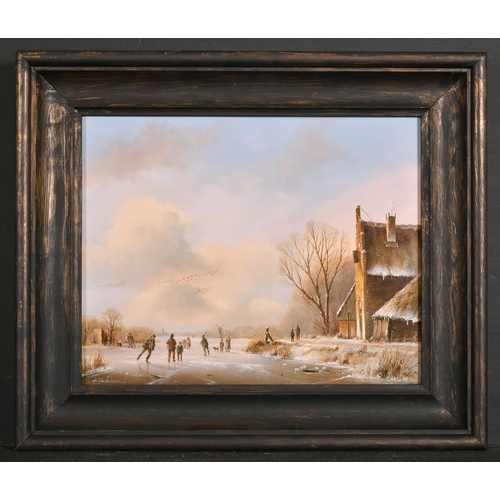 264 - Albert Herkelman (1945-    ) Dutch. Figures Skating on a Frozen River, Oil on Panel, Signed, 9.5” x ... 