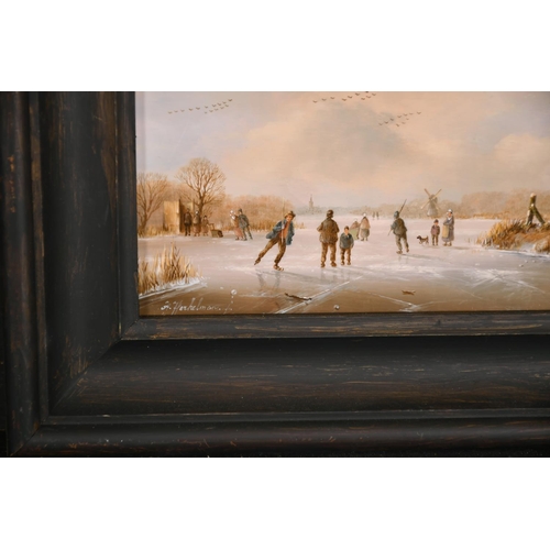 264 - Albert Herkelman (1945-    ) Dutch. Figures Skating on a Frozen River, Oil on Panel, Signed, 9.5” x ... 