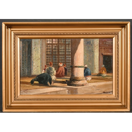 267 - 19th Century Turkish School. Figures Praying outside a Mosque, Oil on Board, Indistinctly Signed and... 