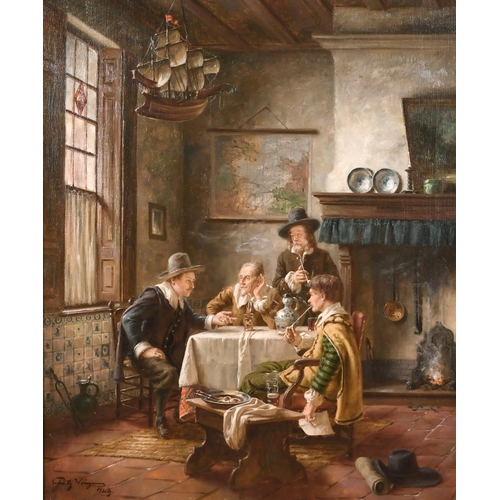 272 - Fritz Wagner (1872-1948) German. An Interior with Figures Seated around a Table in Conversation, Oil... 