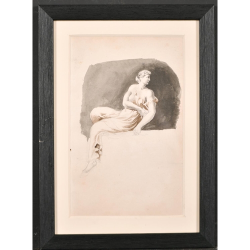 29 - 19th Century English School. A Reclining Female on a Ledge, Watercolour and Pencil, 7” x 4.5” (17.7 ... 