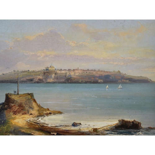 323 - 19th Century English School. A Coastal Scene with Sailing Boats, and a Distant Town, Oil on Board, 5... 