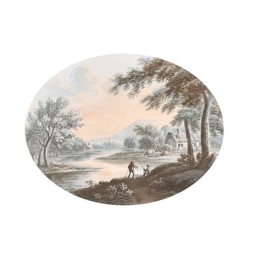 36 - Early 19th Century Dutch School. A River Landscape with Figures, Gouache, Oval 5.75” x 7.75” (14.7 x... 