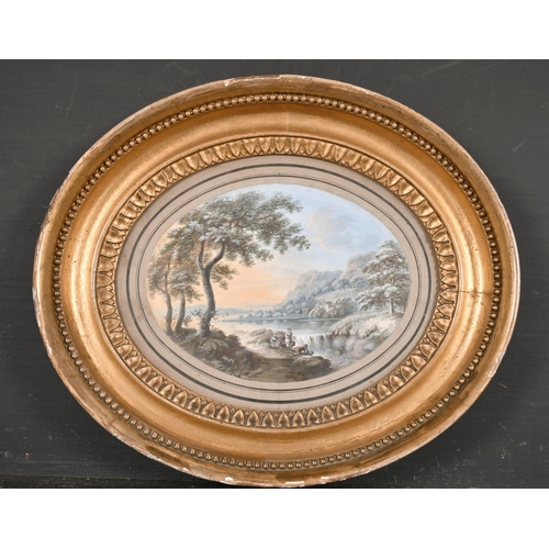 36 - Early 19th Century Dutch School. A River Landscape with Figures, Gouache, Oval 5.75” x 7.75” (14.7 x... 