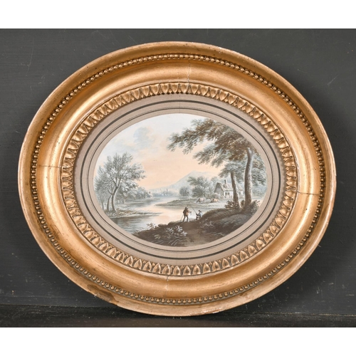 36 - Early 19th Century Dutch School. A River Landscape with Figures, Gouache, Oval 5.75” x 7.75” (14.7 x... 