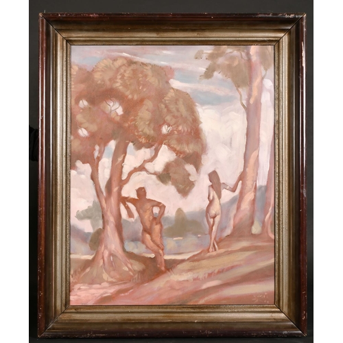 367 - 20th Century English School. A Satyr and a Woman by a Tree, Oil on Board, 28” x 22” (71.2 x 55.8cm)